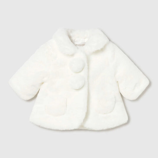 Abrigo ovejero peludo con bolsillos blanco para bebé, cierre con botones a presión, suave y gustoso tejido exterior de pelo, forro interior enguatado de gran ligereza para un mejor aislamiento térmico, bolsillos funcionales - Mayoral