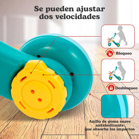 Andadera multifuncional 2 en 1 diseño foca aguamarina, mesa de juego multiactividades que se puede usar independiente, colores, luces y melodías estimulantes, ruedas con giro ajustable, diseño en pirámide para mayor estabilidad - Huanger