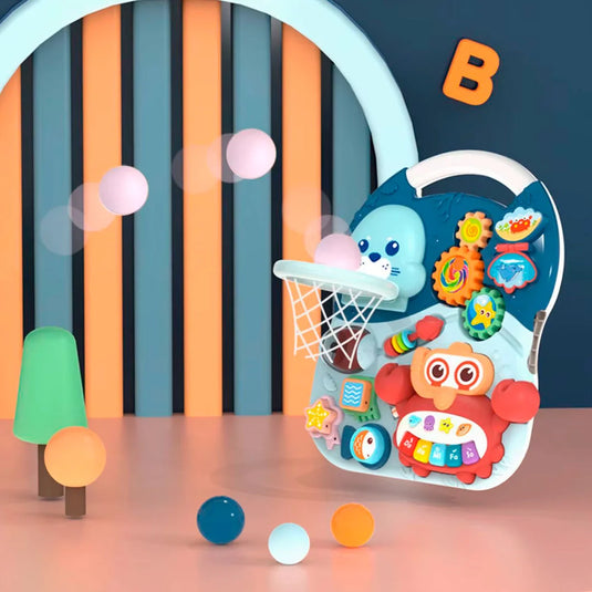 Andadera multifuncional 2 en 1 diseño foca aguamarina, mesa de juego multiactividades que se puede usar independiente, colores, luces y melodías estimulantes, ruedas con giro ajustable, diseño en pirámide para mayor estabilidad - Huanger