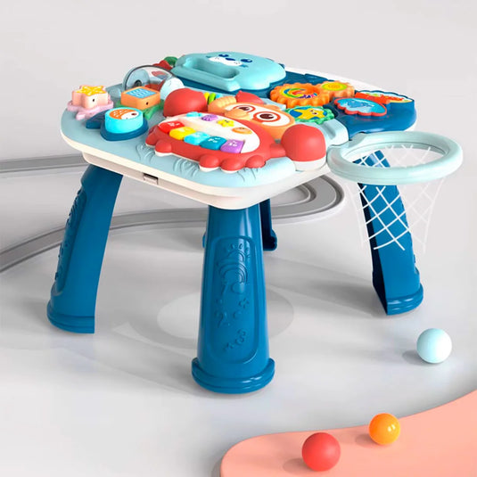 Andadera multifuncional 2 en 1 diseño foca aguamarina, mesa de juego multiactividades que se puede usar independiente, colores, luces y melodías estimulantes, ruedas con giro ajustable, diseño en pirámide para mayor estabilidad - Huanger