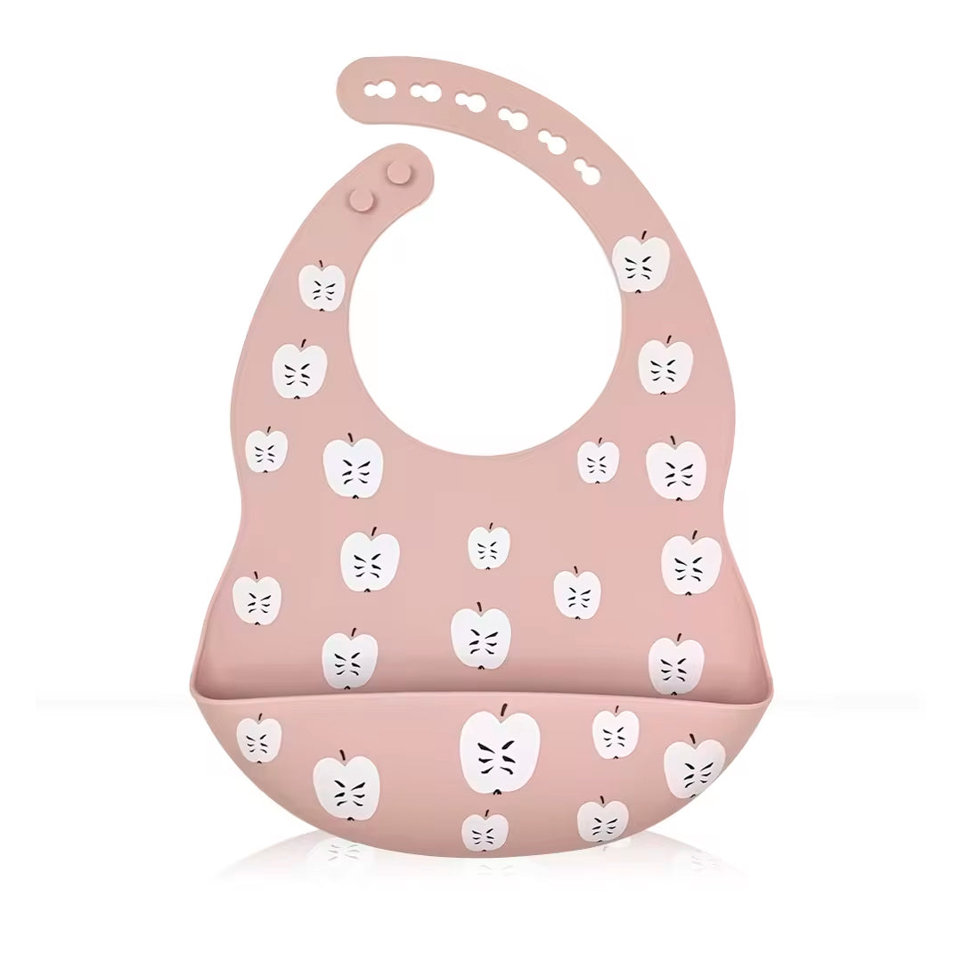 Babero recolector ajustable en silicona, grado alimenticio libre de BPA, con diseño estampado