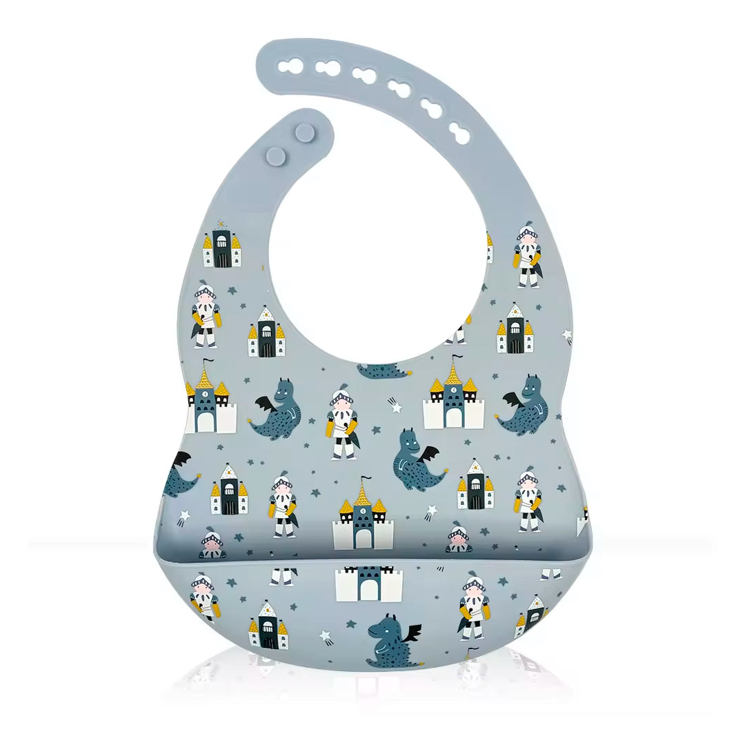 Babero recolector ajustable en silicona, grado alimenticio libre de BPA, con diseño estampado