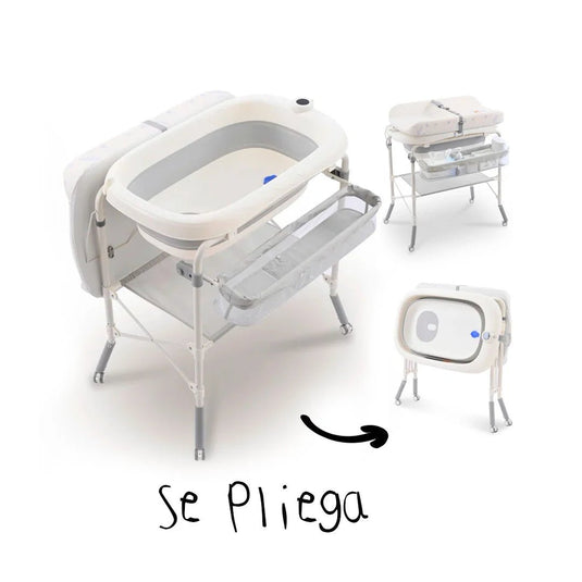 Bañera plegable con soporte de cuatro puntos para bebé, con organizador, cambiador y almacenamiento