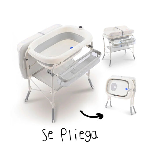 Bañera plegable con soporte de cuatro puntos para bebé, con organizador, cambiador y almacenamiento