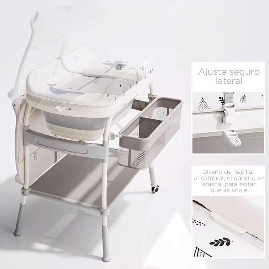 Bañera con soporte y cambiador para bebé, con puntos de soporte estable, almacenamiento para tener lo necesario a la mano, ruedas con bloqueo para facilitar el traslado y asegurar su estabilidad - Toimoys