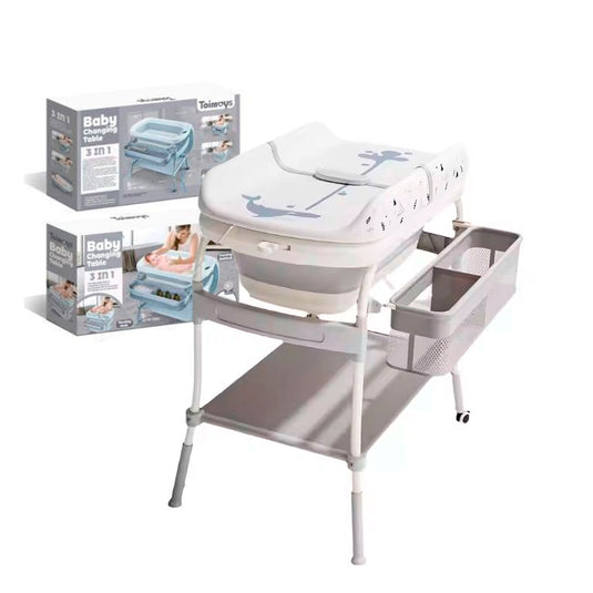 Bañera con soporte y cambiador para bebé, con puntos de soporte estable, almacenamiento para tener lo necesario a la mano, ruedas con bloqueo para facilitar el traslado y asegurar su estabilidad - Toimoys