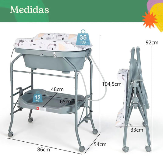 Bañera alta con cambiador y práctico sistema de plegado, bandeja inferior de almacenamiento - Toimoys