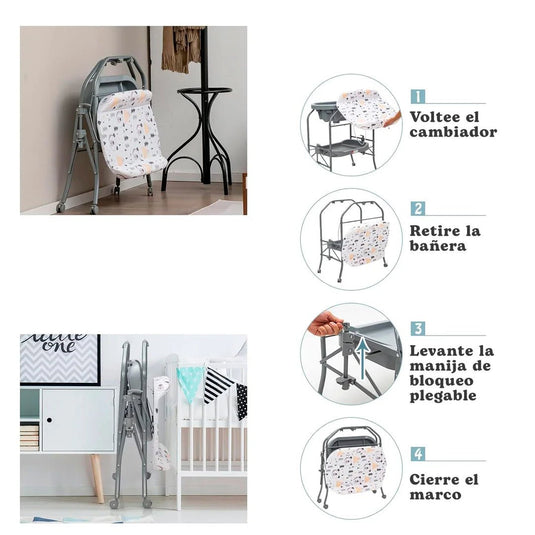 Bañera alta con cambiador y práctico sistema de plegado, bandeja inferior de almacenamiento - Toimoys