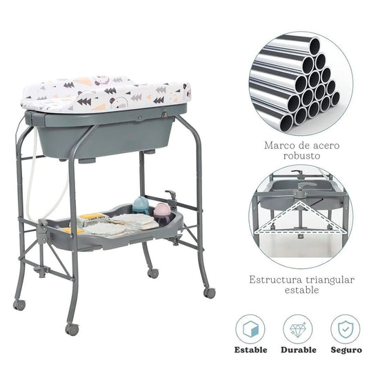Bañera alta con cambiador y práctico sistema de plegado, bandeja inferior de almacenamiento - Toimoys