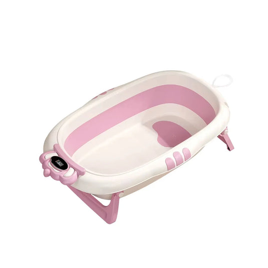 Bañera plegable con corona termómetro para bebé, tina espaciosa para la hora del baño, con antideslizante dentro, de plegado compacto en 2 pasos para guardar en espacios reducidos