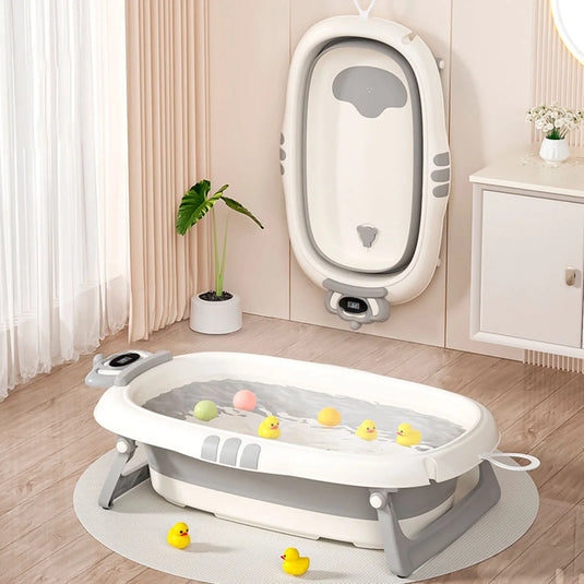 Bañera plegable con corona termómetro para bebé, tina espaciosa para la hora del baño, con antideslizante dentro, de plegado compacto en 2 pasos para guardar en espacios reducidos