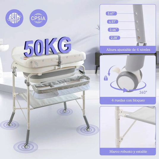 Bañera plegable con soporte de cuatro puntos para bebé, con organizador, cambiador y almacenamiento