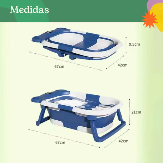 Bañera orejitas de oso con sistema de plegado y almohadilla, con termómetro incluido, almohadilla ajustable a la bañera, sistema de plegado solo de las patas o la bañera completa en tres partes, tapón de desagüe, patas antideslizantes
