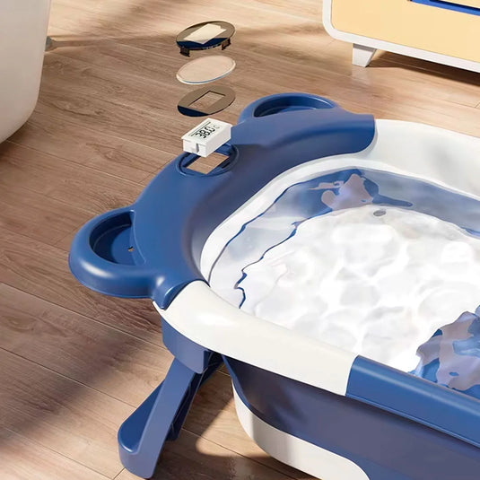 Bañera orejitas de oso con sistema de plegado y almohadilla, con termómetro incluido, almohadilla ajustable a la bañera, sistema de plegado solo de las patas o la bañera completa en tres partes, tapón de desagüe, patas antideslizantes