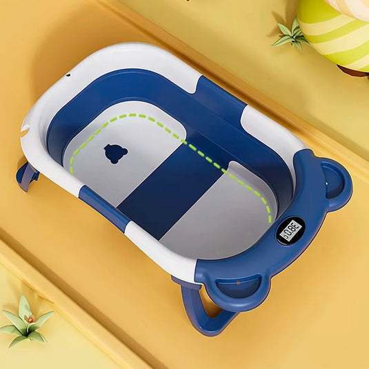Bañera orejitas de oso con sistema de plegado y almohadilla, con termómetro incluido, almohadilla ajustable a la bañera, sistema de plegado solo de las patas o la bañera completa en tres partes, tapón de desagüe, patas antideslizantes