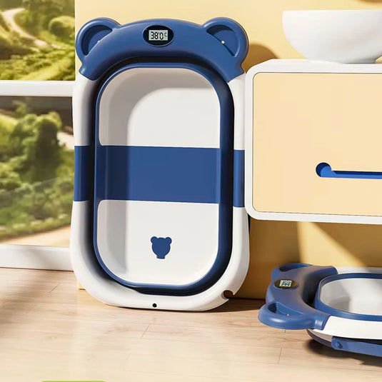 Bañera orejitas de oso con sistema de plegado y almohadilla, con termómetro incluido, almohadilla ajustable a la bañera, sistema de plegado solo de las patas o la bañera completa en tres partes, tapón de desagüe, patas antideslizantes