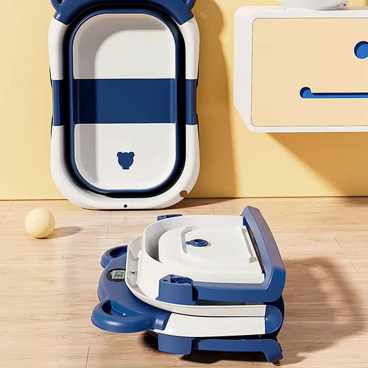 Bañera orejitas de oso con sistema de plegado y almohadilla, con termómetro incluido, almohadilla ajustable a la bañera, sistema de plegado solo de las patas o la bañera completa en tres partes, tapón de desagüe, patas antideslizantes