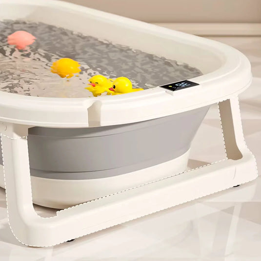 Bañera plegable con soporte + 3 accesorios, termómetro incluido en la bañera, sistema de plegado de bañera y soporte para ahorrar espacio, balde plegable, soporte interior para facilitar el baño