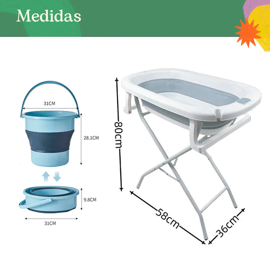Bañera plegable con soporte + 3 accesorios, termómetro incluido en la bañera, sistema de plegado de bañera y soporte para ahorrar espacio, balde plegable, soporte interior para facilitar el baño