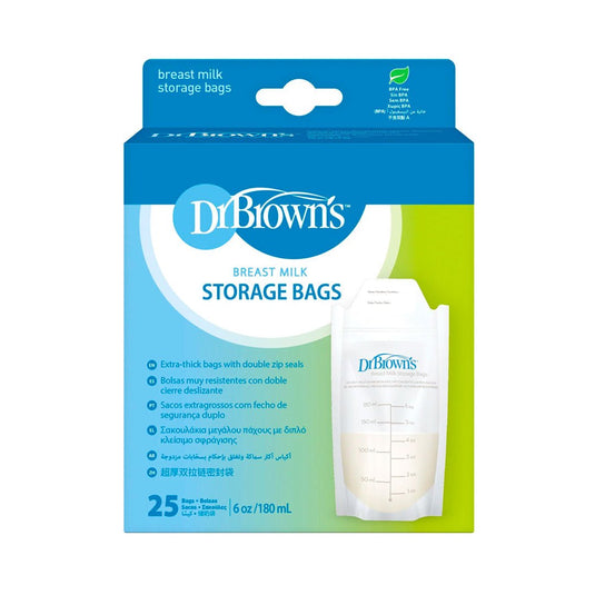 Bolsas de almacenamiento x25 unidades con doble cierre, de 180ml o 6oz, con espacio para rotular, bolsas selladas y pre-esterilizadas para banco de leche - Dr Brown's
