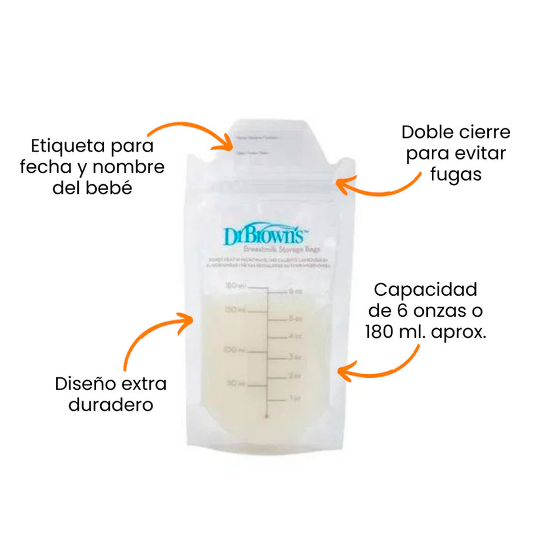 Bolsas de almacenamiento x25 unidades con doble cierre, de 180ml o 6oz, con espacio para rotular, bolsas selladas y pre-esterilizadas para banco de leche - Dr Brown's