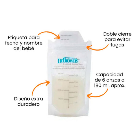 Bolsas de almacenamiento x25 unidades con doble cierre, de 180ml o 6oz, con espacio para rotular, bolsas selladas y pre-esterilizadas para banco de leche - Dr Brown's