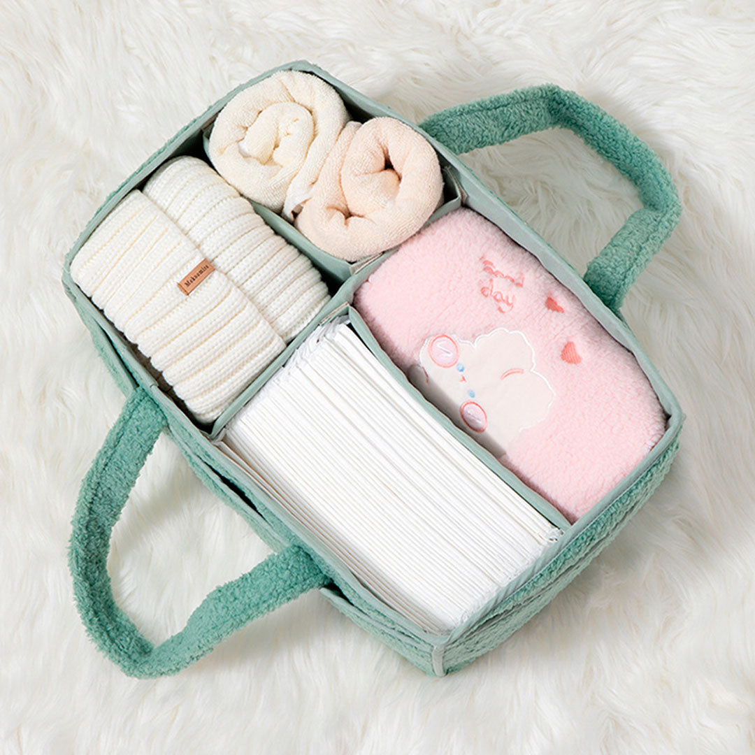 Bolso organizador de pañales para bebé, con compartimientos separados, asas para agarre fácil, hecho en felpa, ideal para diversos artículos del bebé