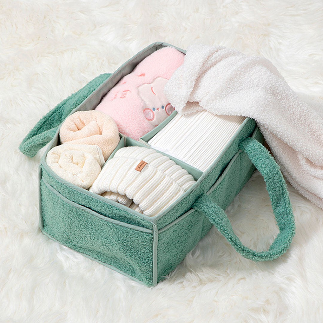 Bolso organizador de pañales para bebé, con compartimientos separados, asas para agarre fácil, hecho en felpa, ideal para diversos artículos del bebé
