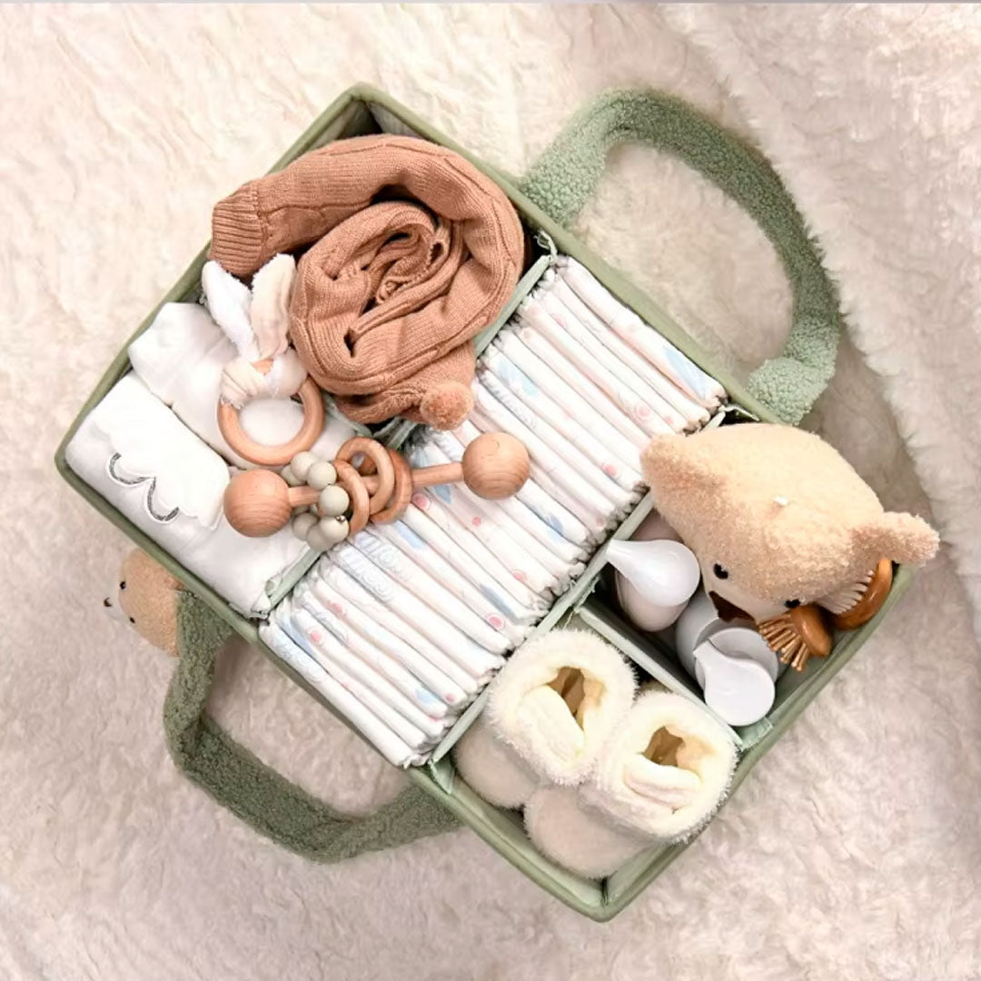 Bolso organizador de pañales para bebé, con compartimientos separados, asas para agarre fácil, hecho en felpa, ideal para diversos artículos del bebé