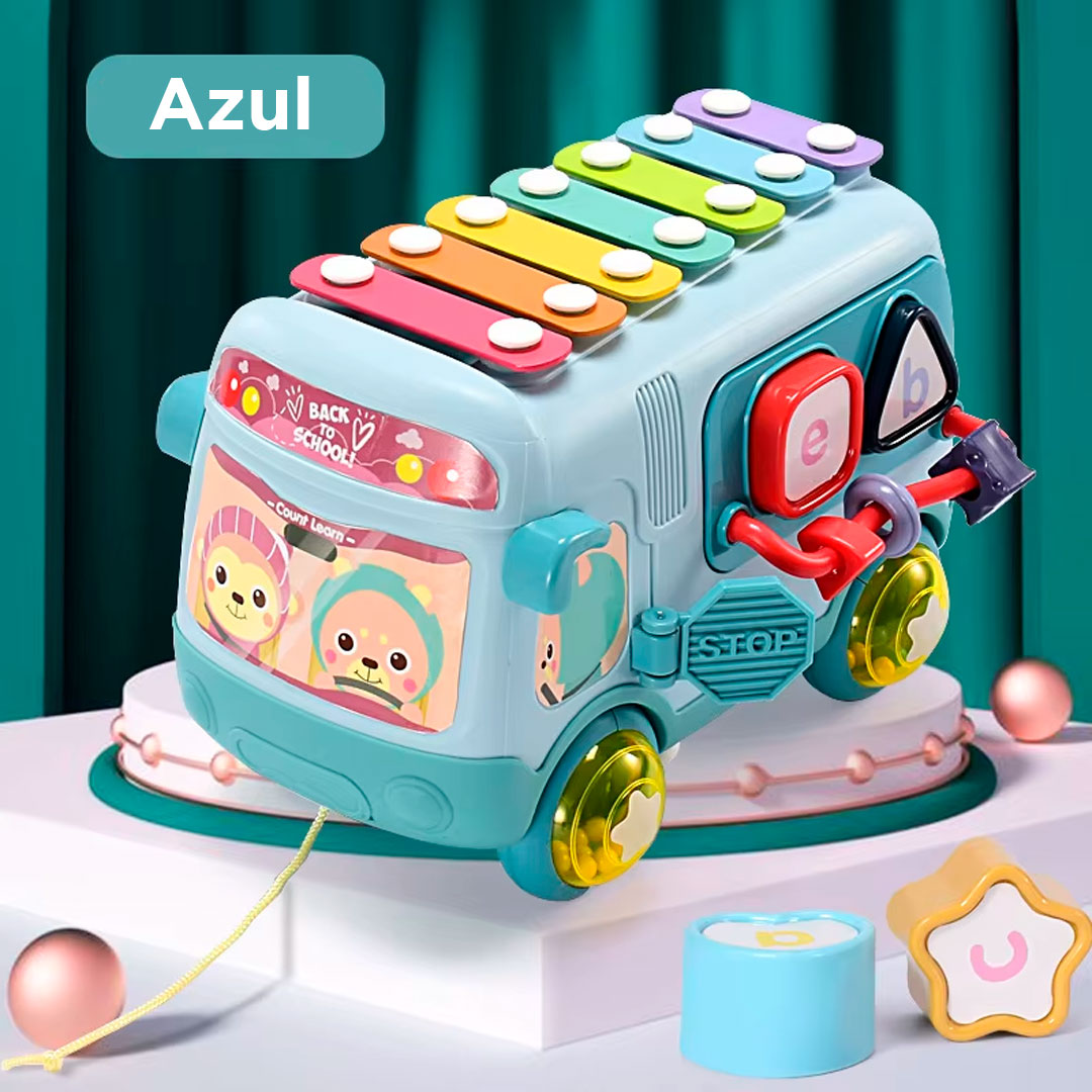 Bus xilófono didáctico multiactividades, con piezas para encaje de diferentes formas y colores, con ruedas sonajeros, hecho en material resistente