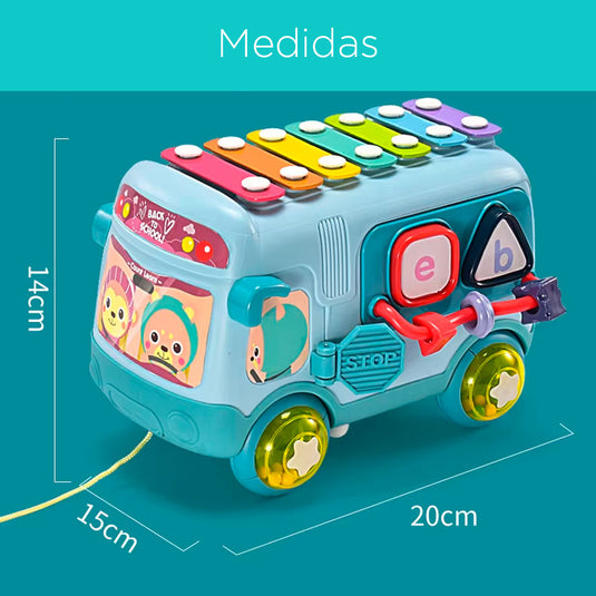 Bus xilófono didáctico multiactividades, con piezas para encaje de diferentes formas y colores, con ruedas sonajeros, hecho en material resistente