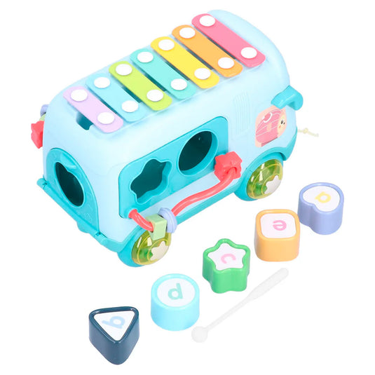 Bus xilófono didáctico multiactividades, con piezas para encaje de diferentes formas y colores, con ruedas sonajeros, hecho en material resistente