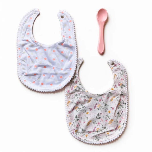 Set de 2 baberos con cuchara para bebé, algodón con bordes de pompones