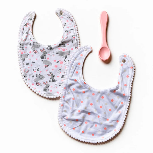 Set de 2 baberos con cuchara para bebé, algodón con bordes de pompones