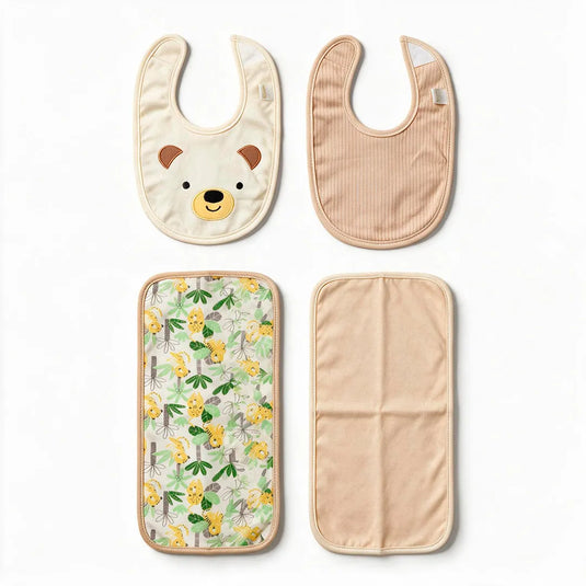 Set de babero y paño de eructo con animalitos para bebé, algodón suave