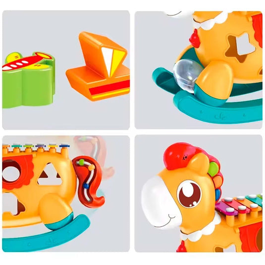 Caballito xilófono musical interactivo para bebé, multiactividades, juegos de formas y colores, juguete colorido hecho en ABS duradero y seguro para el bebé, caballito balancín que añade experiencia lúdica - Huanger