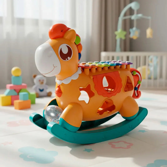 Caballito xilófono musical interactivo para bebé, multiactividades, juegos de formas y colores, juguete colorido hecho en ABS duradero y seguro para el bebé, caballito balancín que añade experiencia lúdica - Huanger