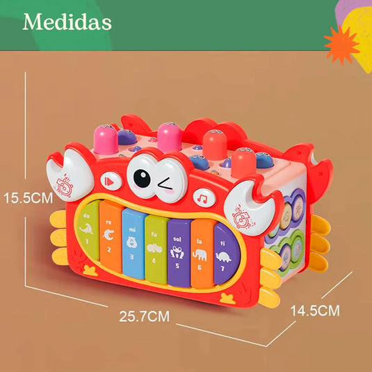 Cubo de diseño Cangrejo multiactividades didáctico para bebé, juguete musical de aprendizaje, juego de martillo para golpear, de pesca con imanes, teclas con melodías y luces, espacios para encaje de figuras de colores