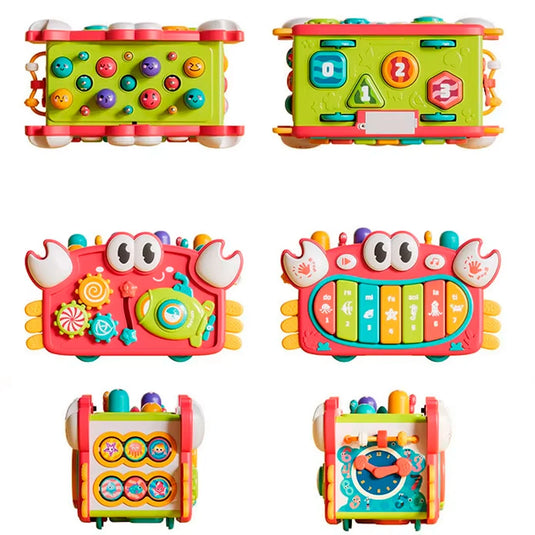 Cubo de diseño Cangrejo multiactividades didáctico para bebé, juguete musical de aprendizaje, juego de martillo para golpear, de pesca con imanes, teclas con melodías y luces, espacios para encaje de figuras de colores
