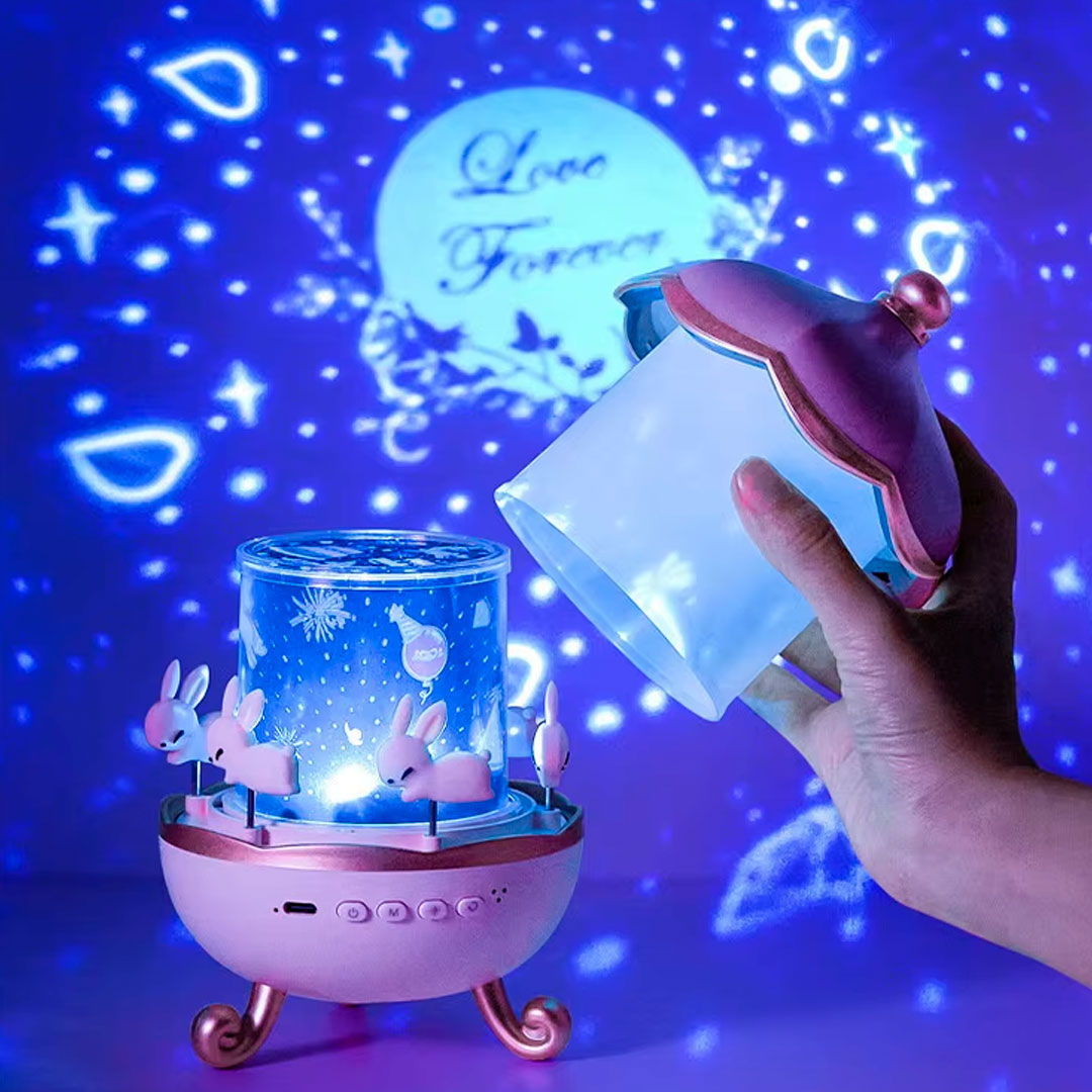 Caja de música Carrusel Didáctico con proyección, melodías suaves apara estimular el sueño, luces cambiantes, película de proyección de imágenes intercambiable, adorable diseño de carrusel de conejitos