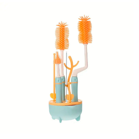 Set de Cepillos para limpieza de teteros, y escurridor de teteros con base de drenaje Azul