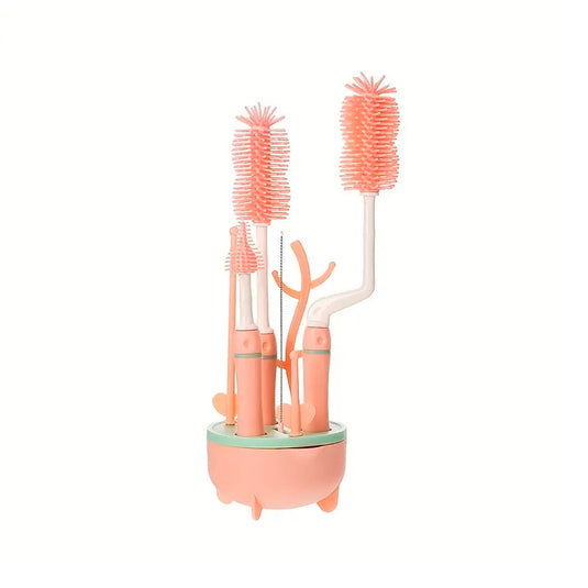 Set de Cepillos para limpieza de teteros, y escurridor de teteros con base de drenaje Rosa