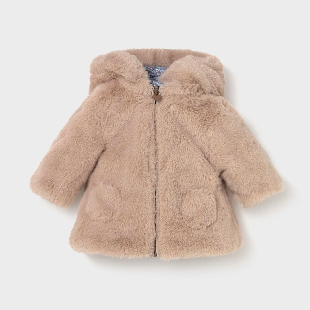 Chaqueta reversible doble faz para recién nacida, manga larga con puños elásticos, capucha con detalles de pelo, cierre con botones en la parte delantera, bolsillos delanteros - Mayoral