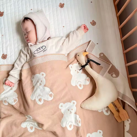 Cobija de Osito para bebé, manta de punto de algodón tejido con poliéster de alta calidad, ligera, suave, transpirable, multifuncional ideal para el coche y la cuna