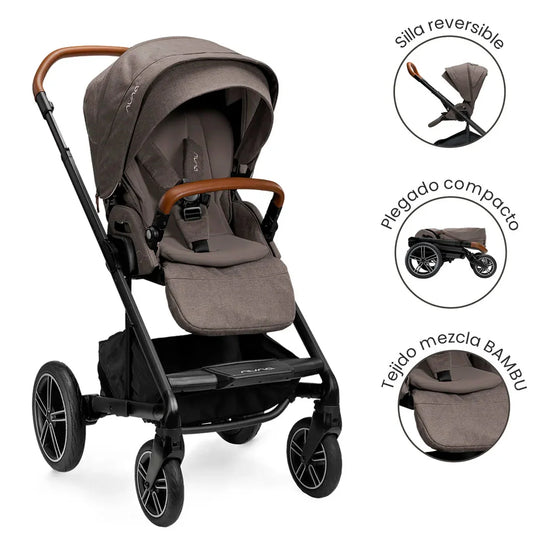Coche paseador MIXX™ next con moisés adaptable para bebé, cinturón de seguridad con hebilla magnética, múltiples posiciones de reclinado, fácil de plegar, manillar ajustable en altura de piel ecológica - Nuna