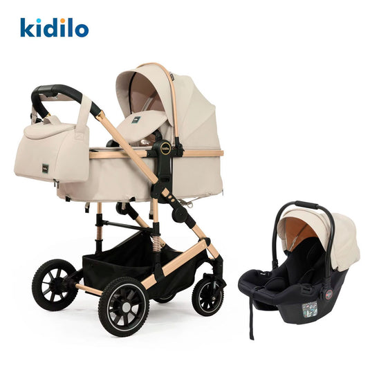 Coche A10 tipo moisés con portabebés y pañalera a juego, ajustable como paseador, hecho en material de alta calidad, acabados de lujo - Kidilo