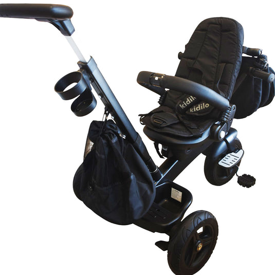 Coche paseador estilo Triciclo Deluxe, con sistema de plegado, asiento ajustable con rotación 360°, manillar de control parental, canasta de almacenamiento, campanilla, cinturón de seguridad de 5 puntos - Kidilo