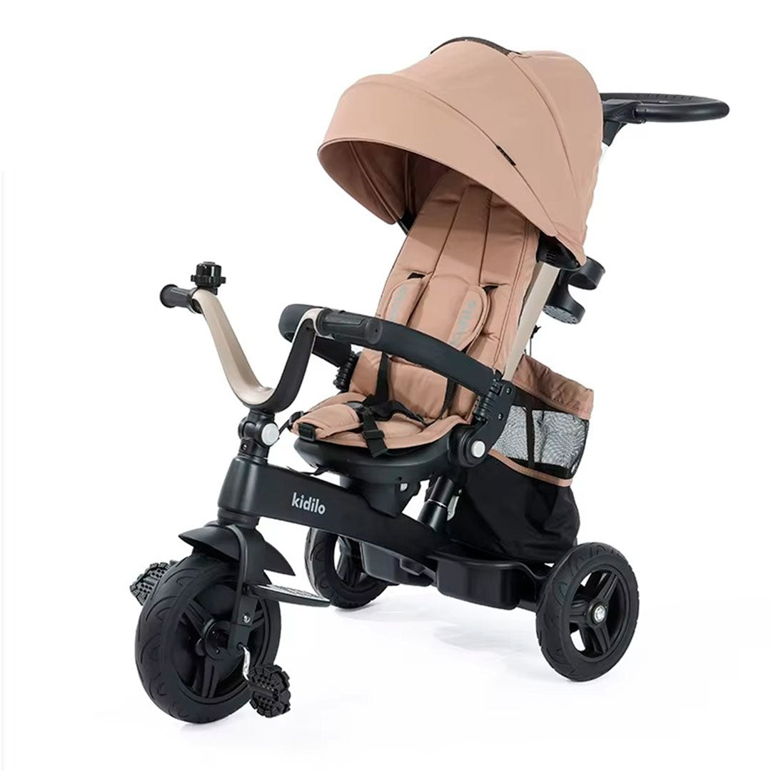 Coche paseador estilo Triciclo Deluxe, con sistema de plegado, asiento ajustable con rotación 360°, manillar de control parental, canasta de almacenamiento, campanilla, cinturón de seguridad de 5 puntos - Kidilo