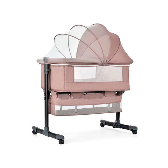 Cuna Colecho de altura ajustable con canasta y mosquitero, cuenta con ruedas con bloqueo de seguridad, material resistente y transpirable