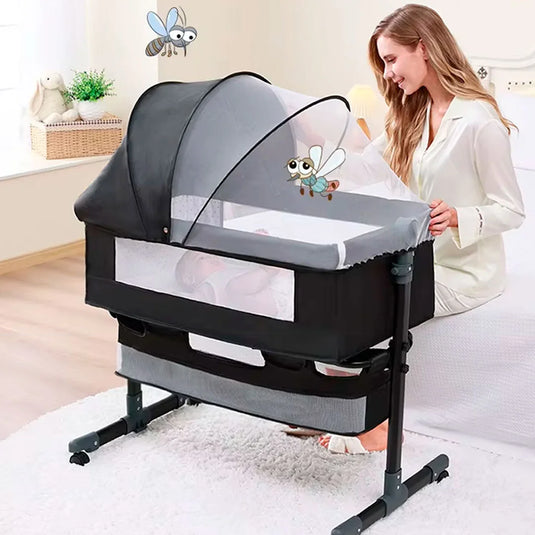 Cuna Colecho de altura ajustable con canasta y mosquitero, cuenta con ruedas con bloqueo de seguridad, material resistente y transpirable